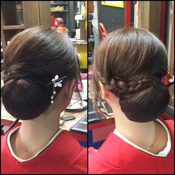 編み込みと大きめのシニョンが印象的なヘアスタイルに、小さめサイズの桜のかんざしを挿してさりげなく春らしさを演出してみて。