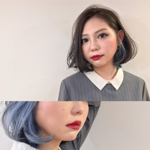 大人可愛いふんわりボブヘアにクールなブルーのカラーを入れたお洒落なスタイル！チラッと見えたらドキッとしますね♪