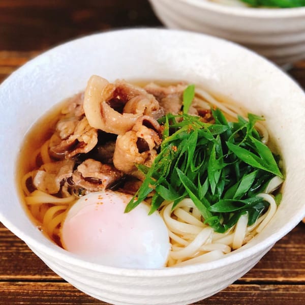 一人暮らし　レシピ　甘辛豚肉温玉うどん