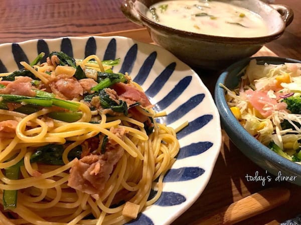 一人暮らし　レシピ　小松菜とツナとベーコンの和風パスタ