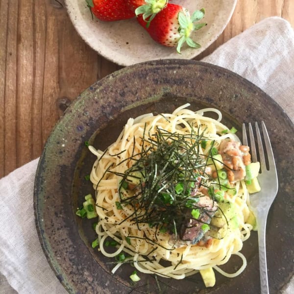 納豆と鯖缶のパスタ