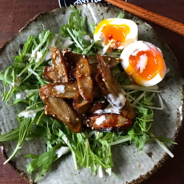 カリカリ揚げごぼうと水菜と半熟卵のサラダ