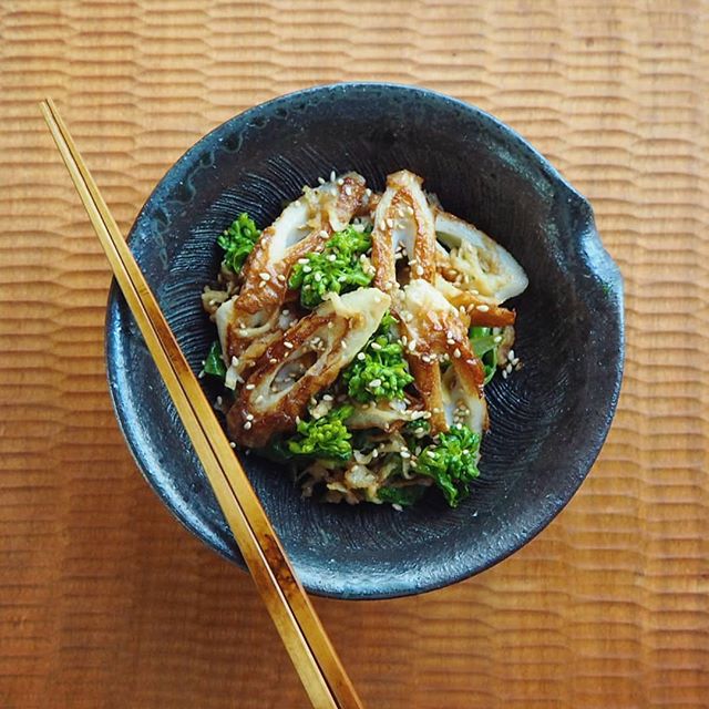 家にある調味料で簡単に作れるちくわ・菜の花・切り干し大根のマヨぽん炒め