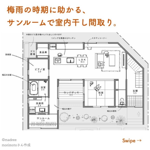 梅雨の時期に助かる サンルームで室内干し間取り Folk