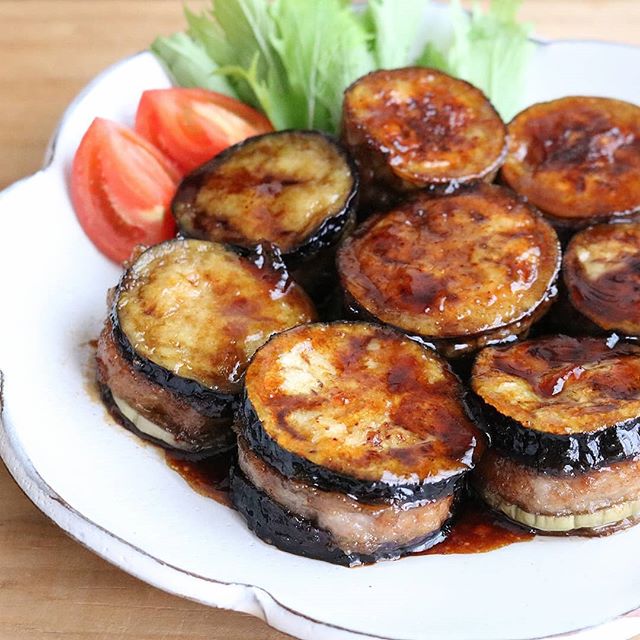 ツヤツヤおかず！茄子のひき肉はさみ甘辛煮