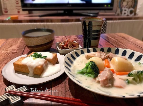 厚揚げの山芋がけとレンコンのきんぴらの和食献立