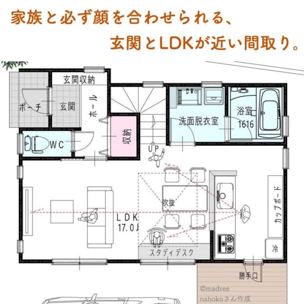 家族と必ず顔を合わせられる 玄関とldkが近い間取り Folk