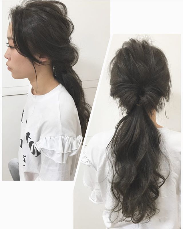 黒髪 ロング パーマ ヘアアレンジ