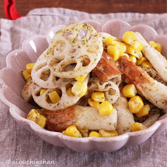 副菜の料理に！れんこんとちくわの磯辺風炒め