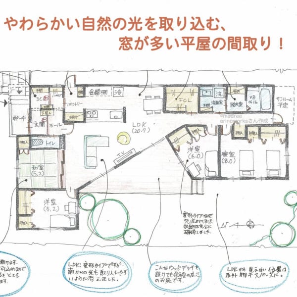 やわらかい自然の光を取り込む 窓が多い平屋の間取り Folk