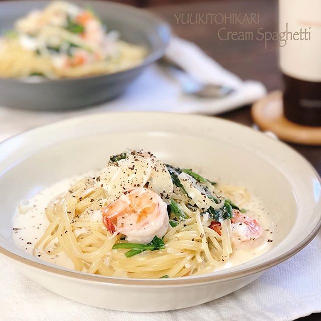 休日に！エビと蟹とほうれん草のクリームパスタ