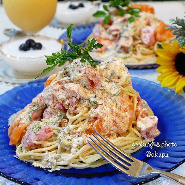 サーモンとトマトのカッテージチーズ冷製パスタ