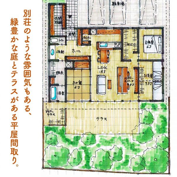 別荘のような雰囲気もある 緑豊かな庭とテラスがある平屋間取り Folk