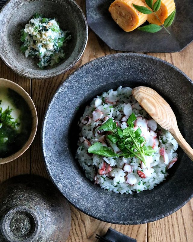 たことルッコラ&クレソンの混ぜご飯