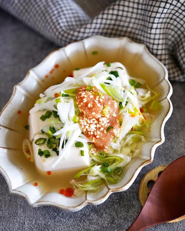 明太子とネギのあんかけ豆腐