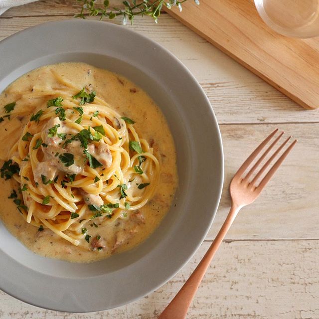 鯖缶の豆乳クリームパスタ 