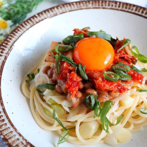 超簡単♪長ねぎとキムチの納豆パスタレシピ