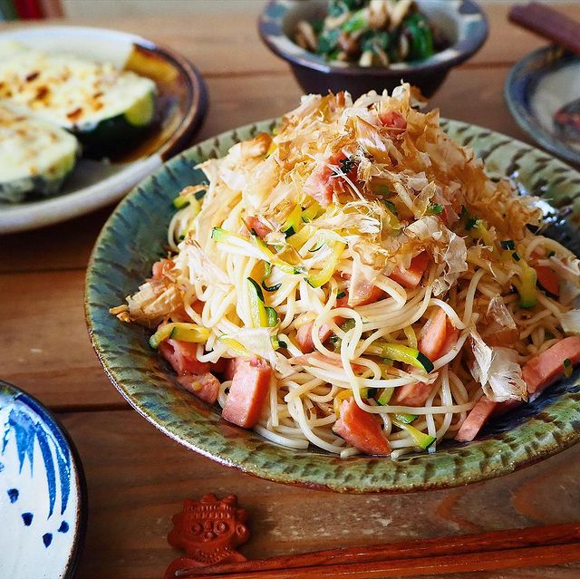 スパムとズッキーニのそうめんチャンプルー