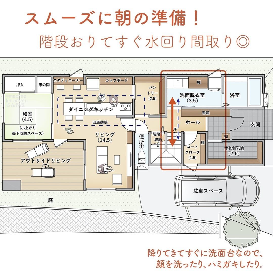 スムーズに朝の準備 階段おりてすぐ水回り間取り Folk