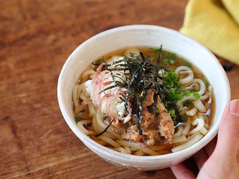 うどん、鯖、海苔、ネギ、みょうが。