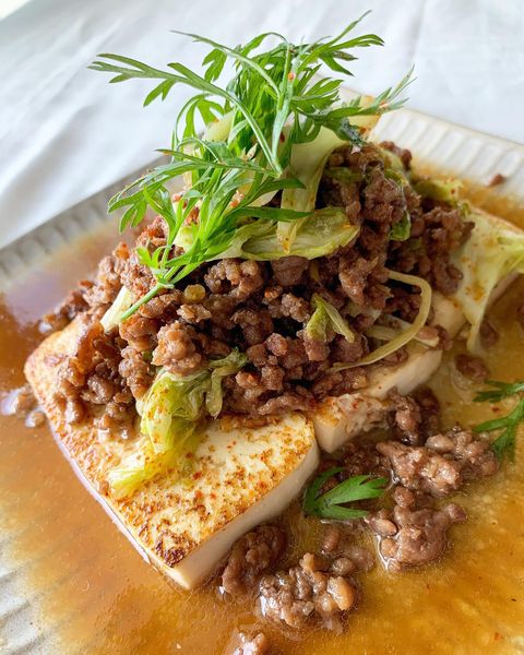 余ったひき肉で甘酢そぼろと豆腐ステーキ