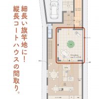 細長い旗竿地に！縦長コートハウスの間取り。