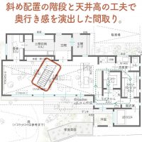 斜め配置の階段と天井高の工夫で奥行き感を演出した間取り。