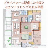 プライベートに配慮した中庭とセカンドリビングのある平屋